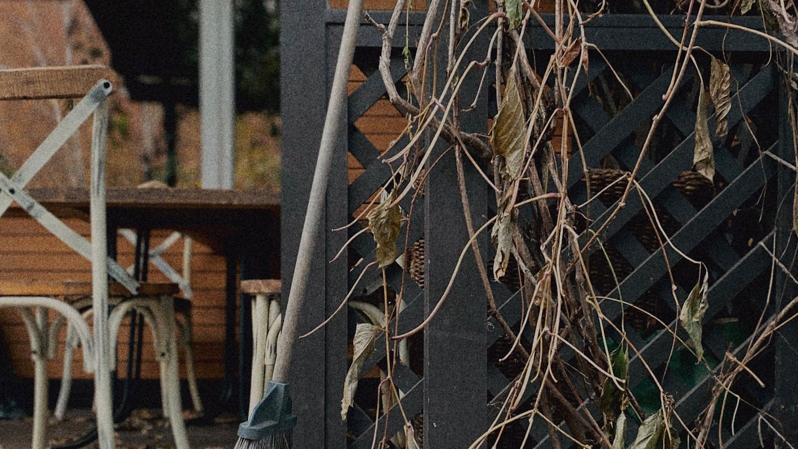 Terrasse extérieure avec un balai et des feuilles mortes, avant entretien