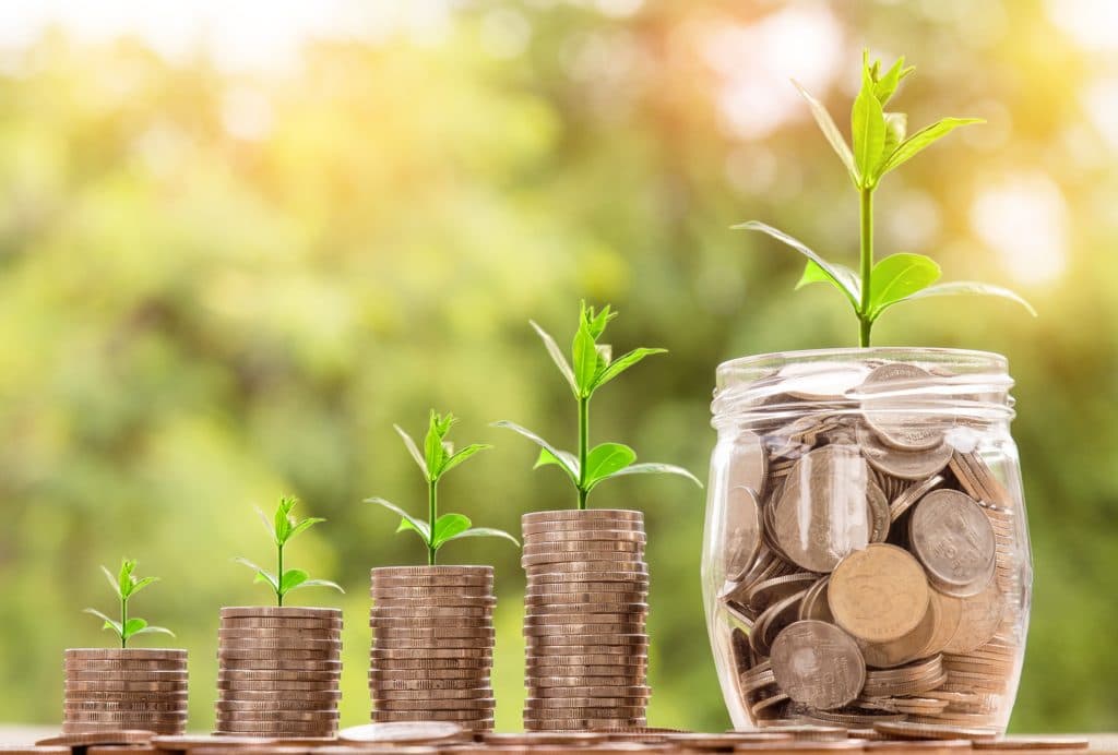 Piles de pièces avec de jeunes pousses, symbole de rentabilité et de croissance