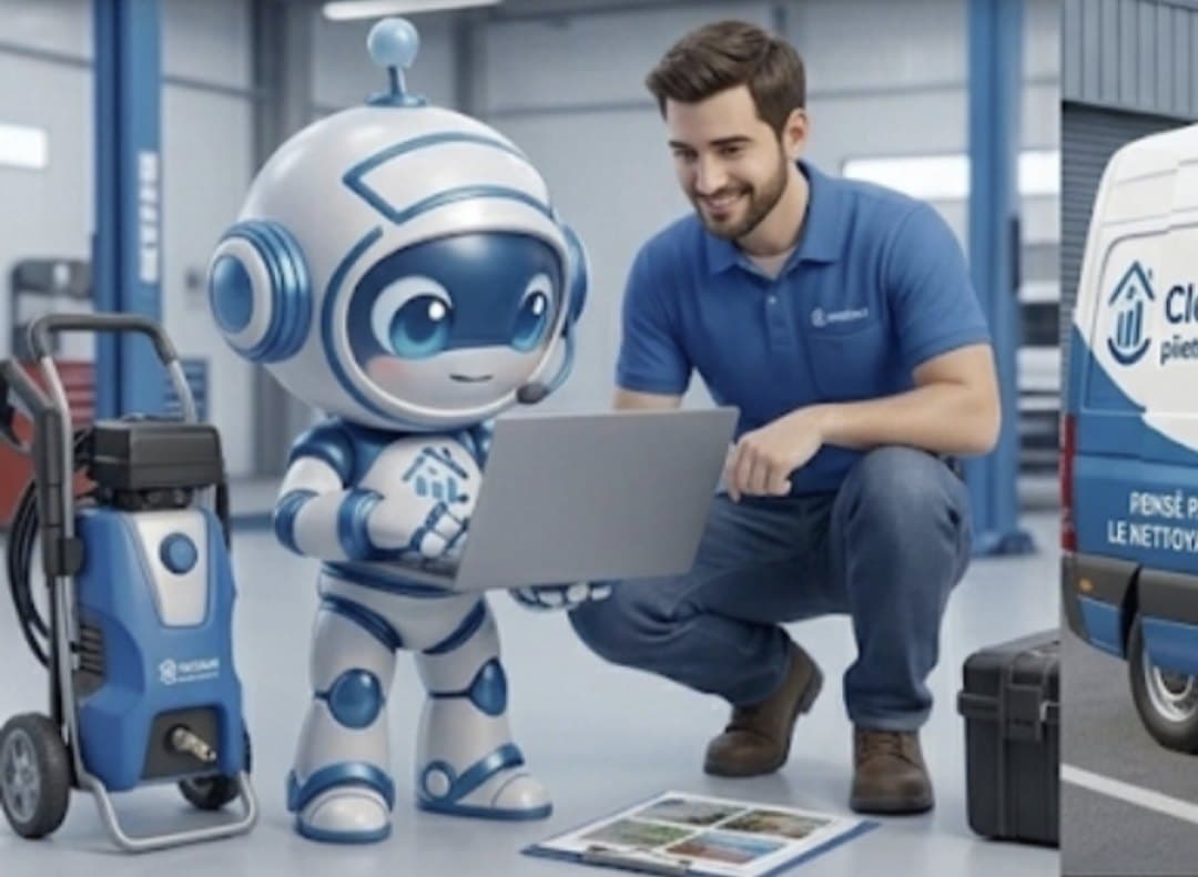 Néo, l'assistant CleanBoard, aux côtés d'un artisan du nettoyage extérieur avec son ordinateur et son camion